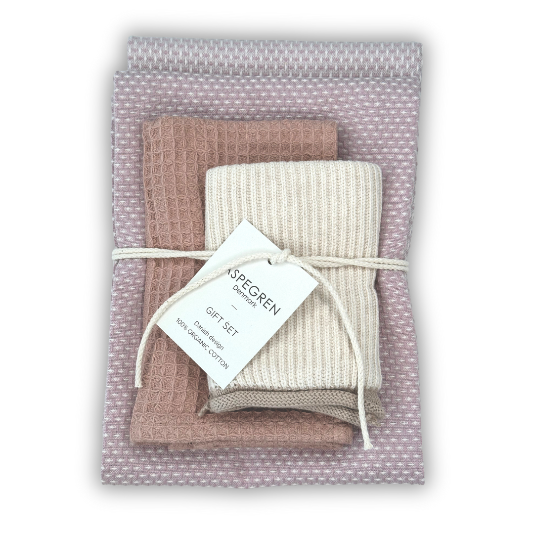 Aspegren Denmark Cherry Blossom tea cadeauset met theedoeken en vaatdoekjes in Wood Rose kleuren