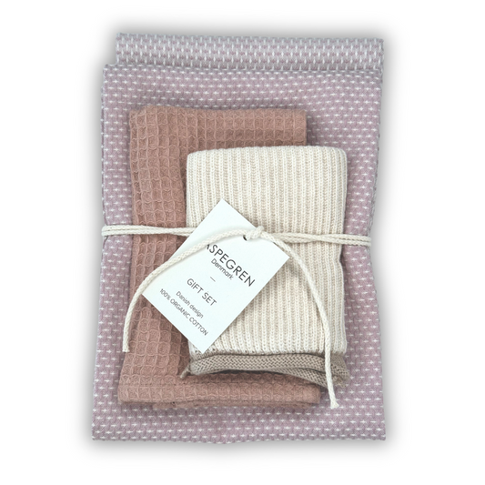 Aspegren Denmark Cherry Blossom tea cadeauset met theedoeken en vaatdoekjes in Wood Rose kleuren