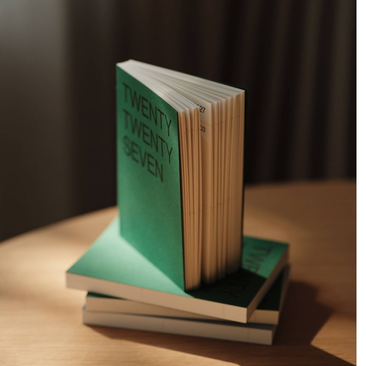 Agenda 2027 Emerald van This Might Work rechtop op een houten tafel, met zichtbare open rug