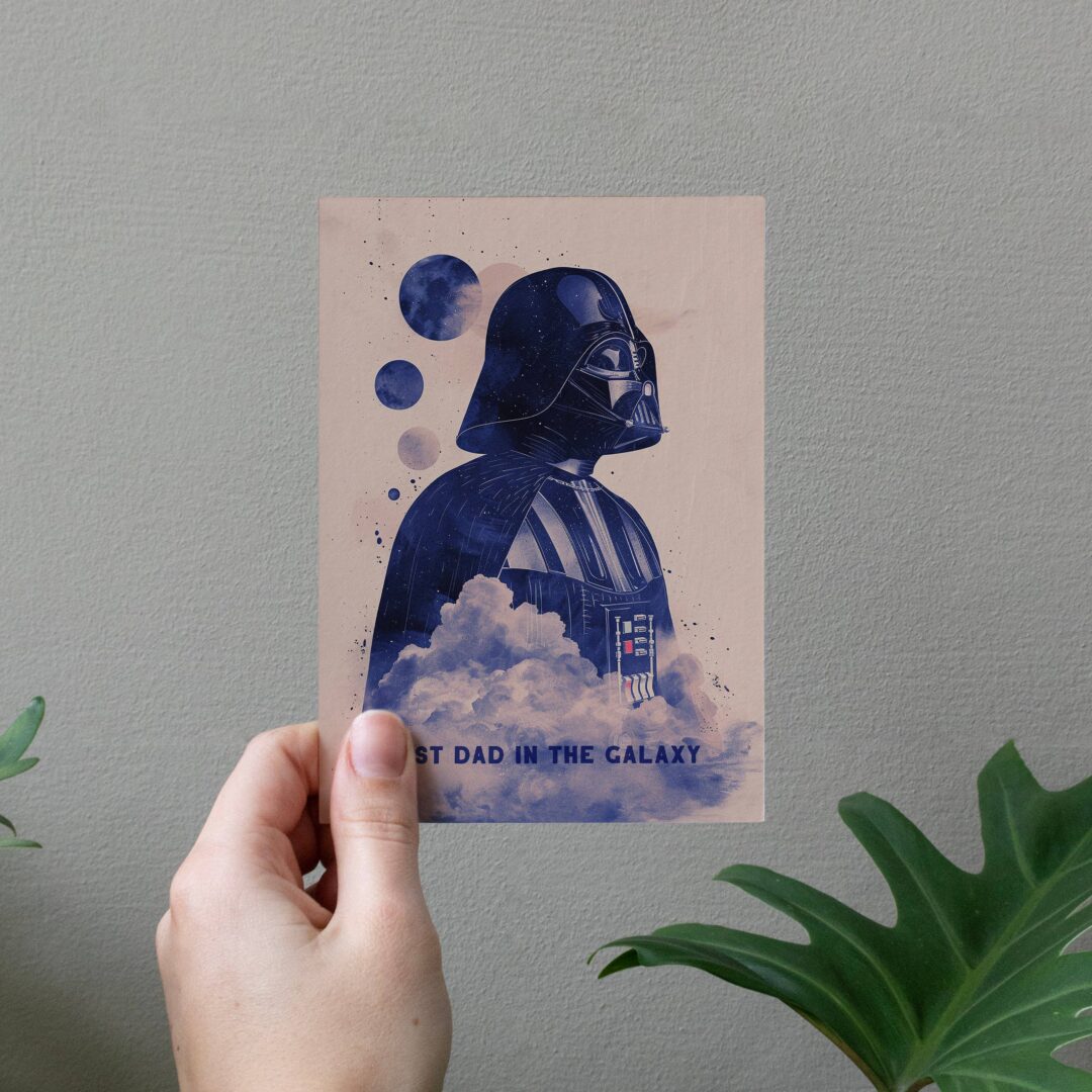Wenskaart Best Dad in the Galaxy van Botanopia in een hand