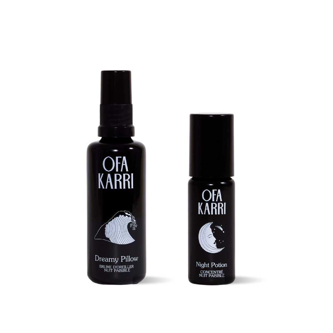 Sleep Duo van Ofa Karri: Dreamy Pillow Mist en Night Potion roll-on naast elkaar