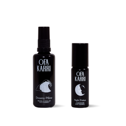 Sleep Duo van Ofa Karri: Dreamy Pillow Mist en Night Potion roll-on naast elkaar
