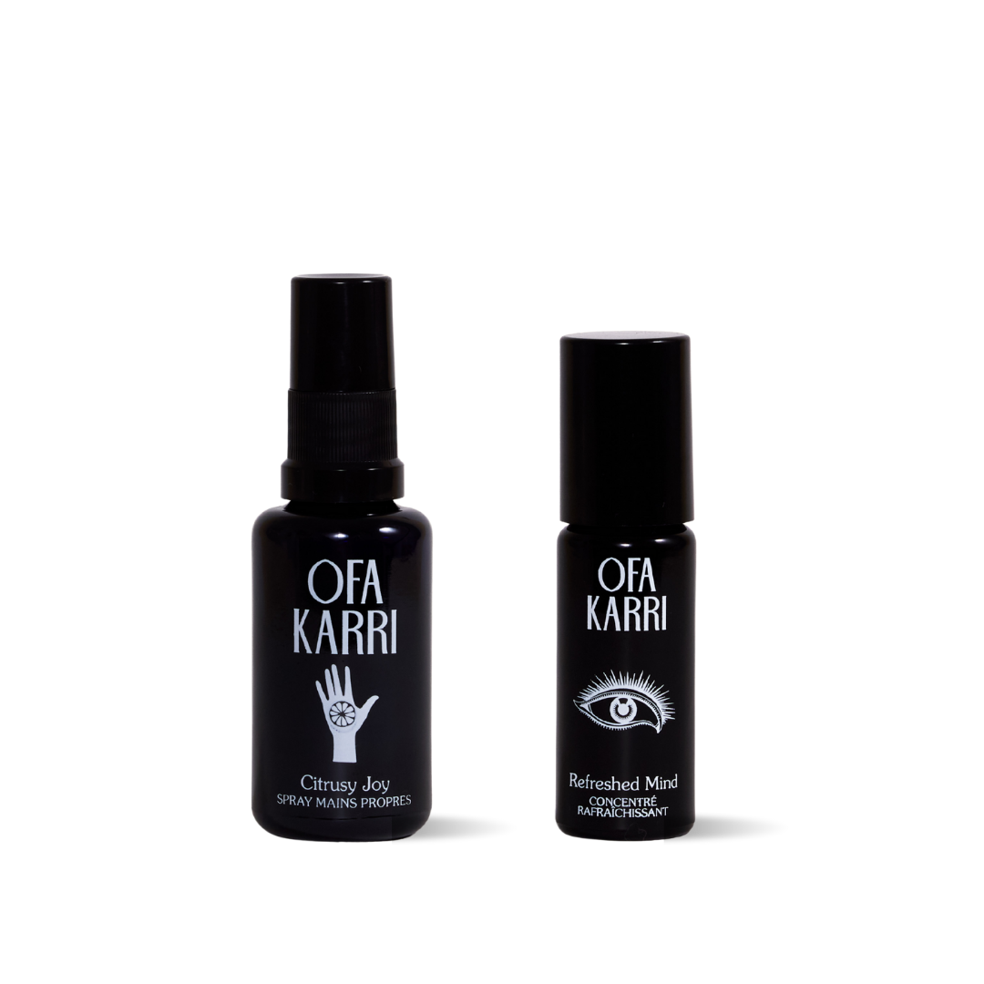 Energy Boost Duo van Ofa Karri: Citrusy Joy handspray en Refreshed Mind roll-on naast elkaar