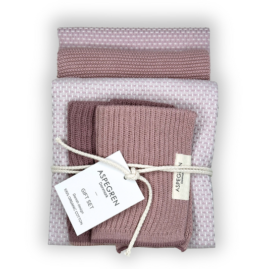 Aspegren Denmark Rose Quartz cadeauset met theedoeken in Gastro Wood Rose en vaatdoekjes in Mauve en Elderberry