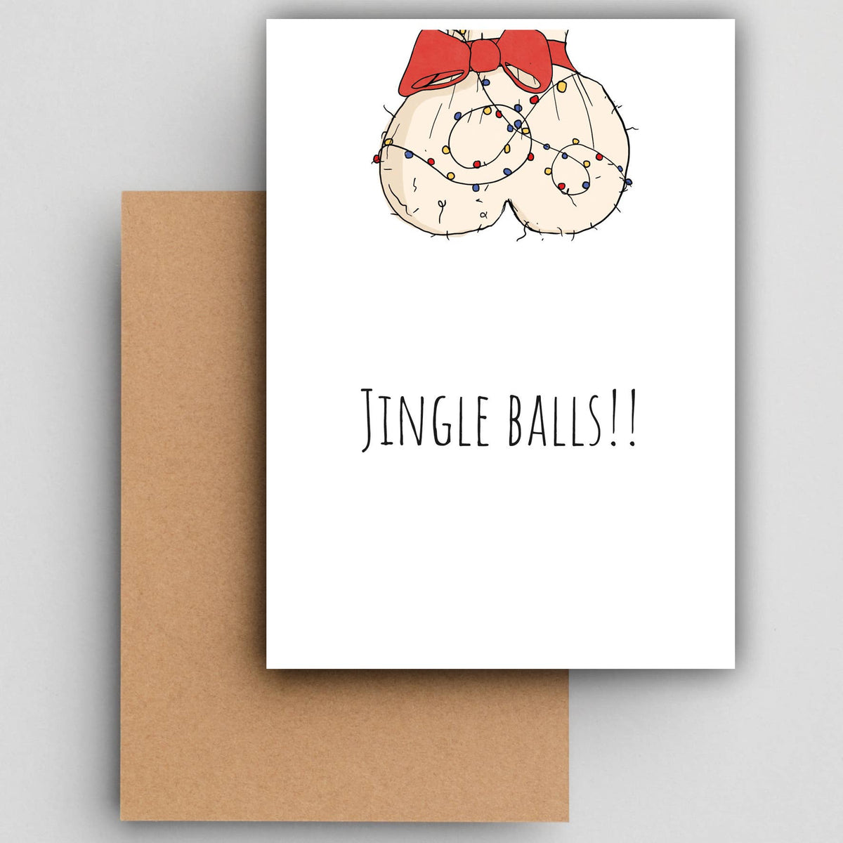 Wenskaart Jingle Balls van Studio Raquelle: met lichtjes en een rode strik versierde ballen en de tekst Jingle balls!!