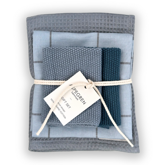 Aspegren Denmark keukenhanddoek cadeauset Fjord met blauwe theedoek en vaatdoekjes biologisch katoen