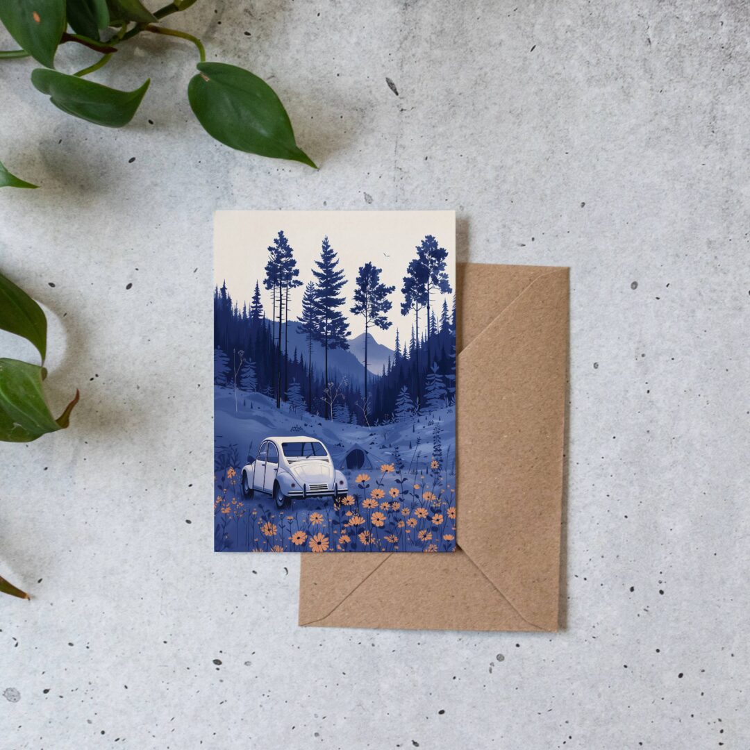 Wenskaart Camping Adventure van Botanopia met envelop en een plant, van bovenaf