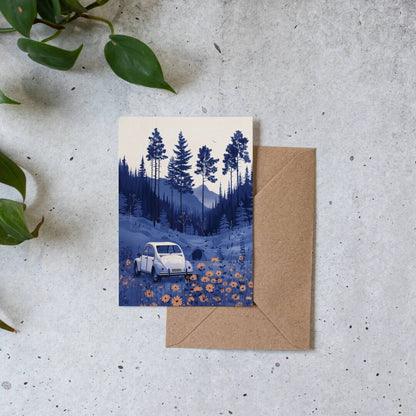 Wenskaart Camping Adventure van Botanopia met envelop en een plant, van bovenaf