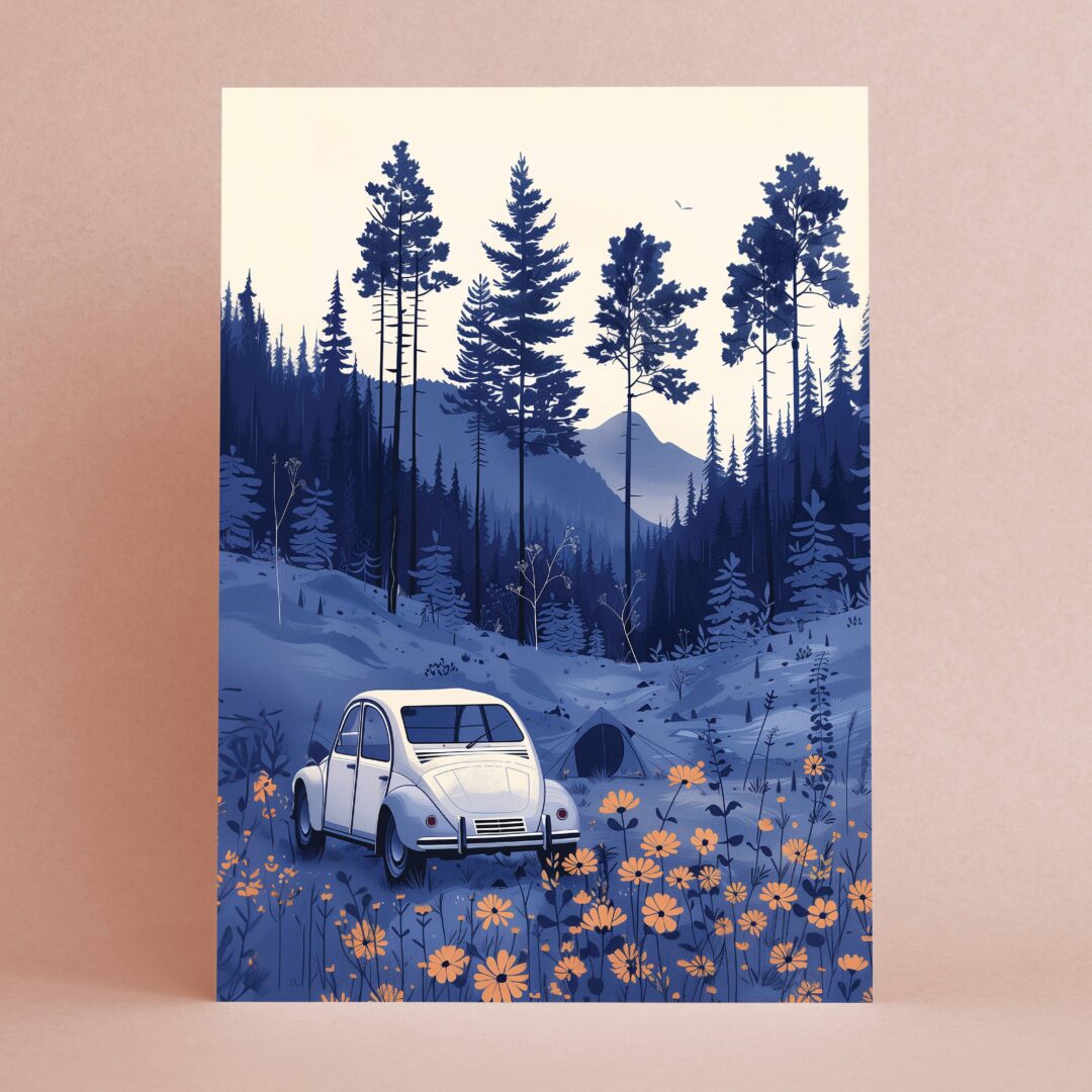 Wenskaart Camping Adventure van Botanopia, een vintage Citroën 2CV in een bloemenweide tussen dennenbomen, tegen een roze achtergrond