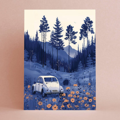 Wenskaart Camping Adventure van Botanopia, een vintage Citroën 2CV in een bloemenweide tussen dennenbomen, tegen een roze achtergrond