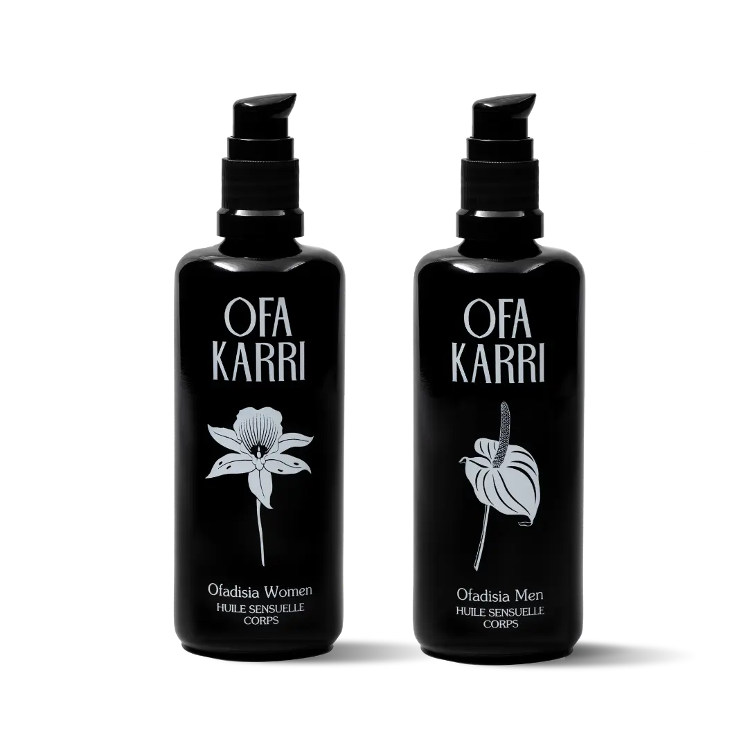 Intimacy Duo van Ofa Karri: massageoliën Ofadisia Women en Men naast elkaar