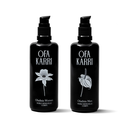 Intimacy Duo van Ofa Karri: massageoliën Ofadisia Women en Men naast elkaar