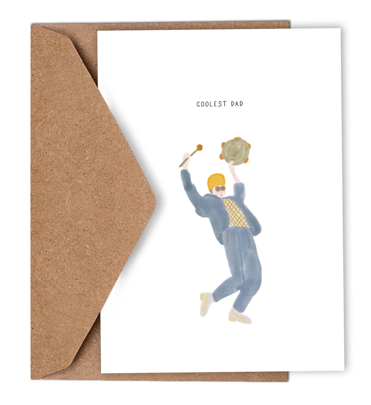 Wenskaart Coolest Dad van Studio Kathan, getekende papa die springt, met kraft envelop