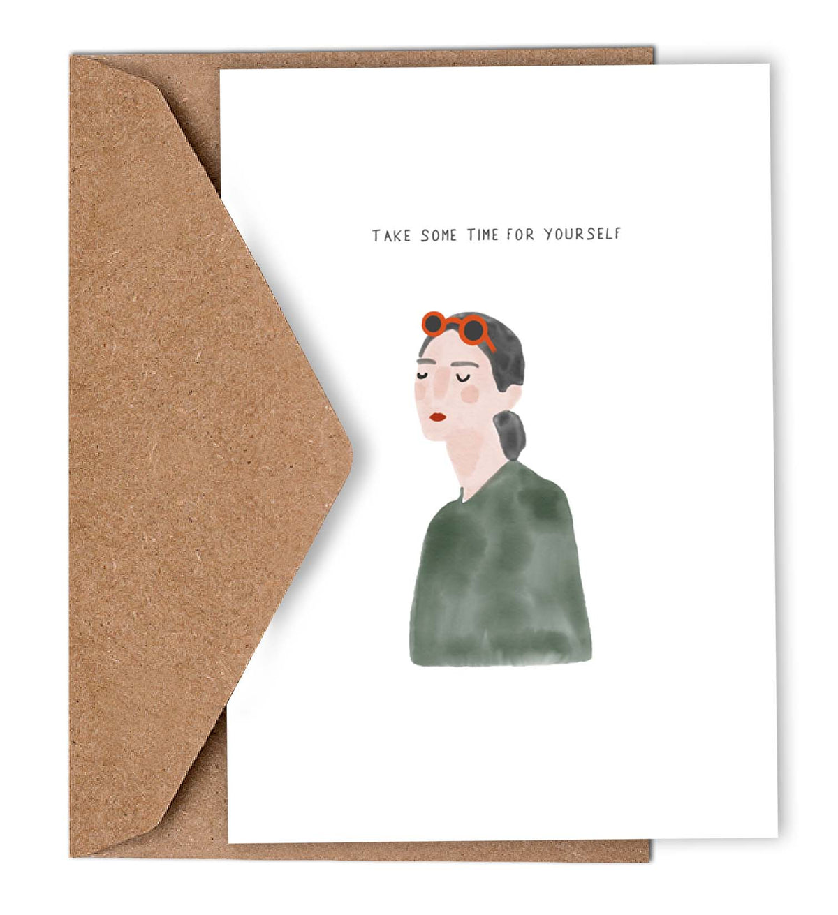 Wenskaart Take Some Time For Yourself van Studio Kathan, getekende vrouw met zonnebril in het haar, met kraft envelop