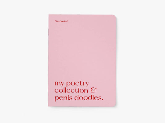 Notitieboek A5 van typealive, roze met rode tekst 'my poetry collection & penis doodles.', vooraanzicht
