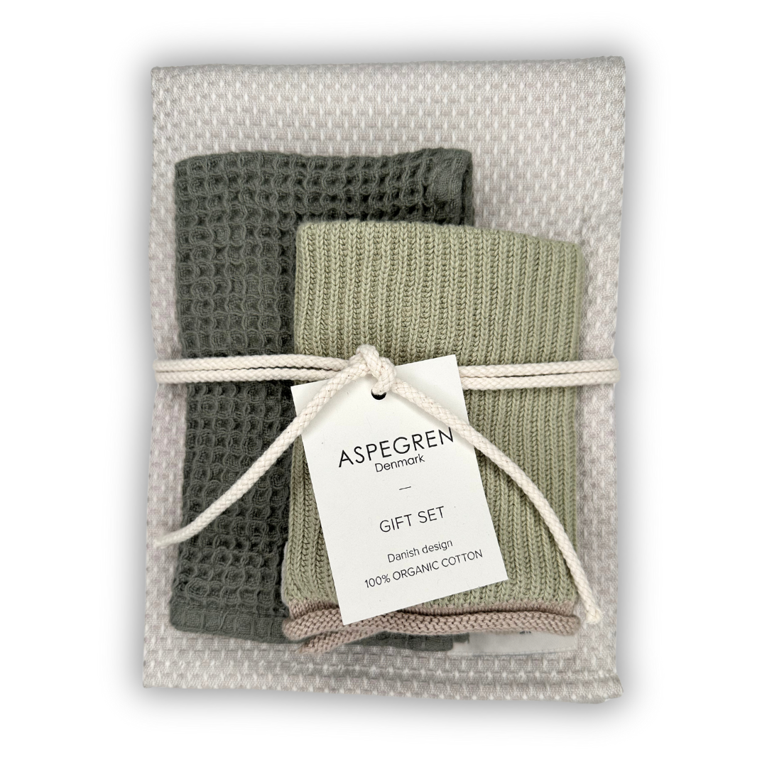 Aspegren Denmark cadeauset Fennel met theedoek en vaatdoekjes in groene tinten
