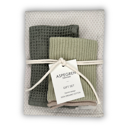 Aspegren Denmark cadeauset Fennel met theedoek en vaatdoekjes in groene tinten