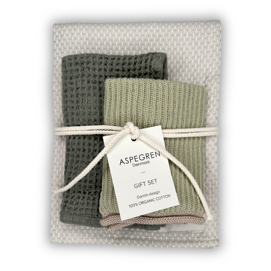 Aspegren Denmark cadeauset Fennel met theedoek en vaatdoekjes in groene tinten