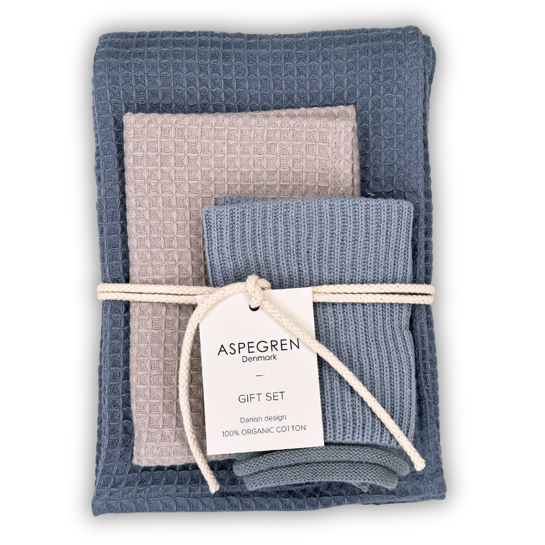 Aspegren Denmark cadeauset Bluefin Tuna met theedoek en vaatdoekjes in blauw en grijs