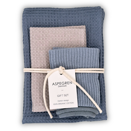 Aspegren Denmark cadeauset Bluefin Tuna met theedoek en vaatdoekjes in blauw en grijs
