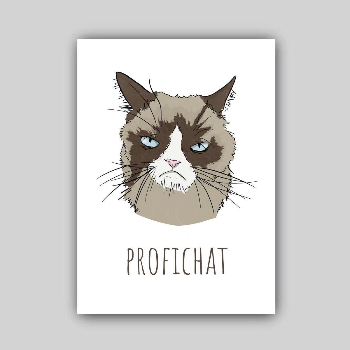Wenskaart ProfiCHAT! van Studio Raquelle: een chagrijnige kat met de tekst Proficiat, als Profichat