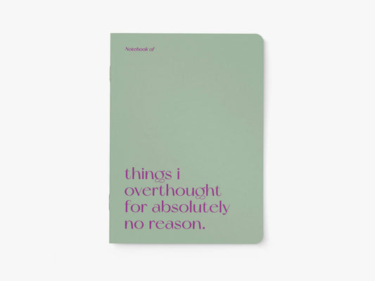Notitieboek A5 van typealive, saliegroen met rode tekst 'things i overthought for absolutely no reason.', vooraanzicht