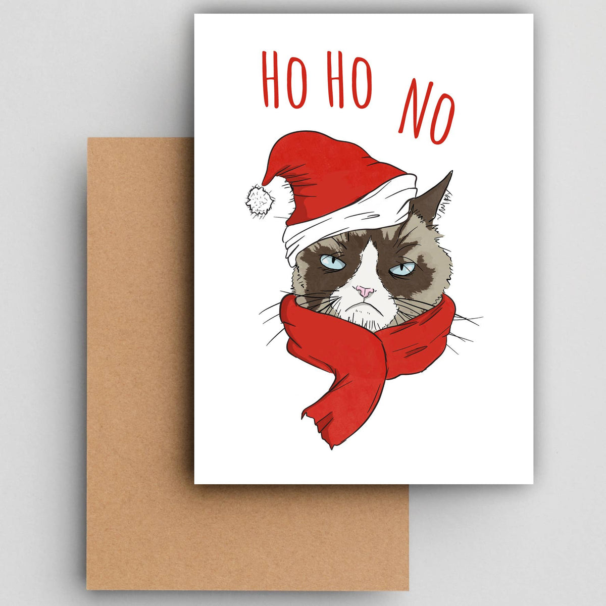 Wenskaart Grumpy christmas van Studio Raquelle: een chagrijnige kat met kerstmuts en rode sjaal, met de tekst Ho ho no