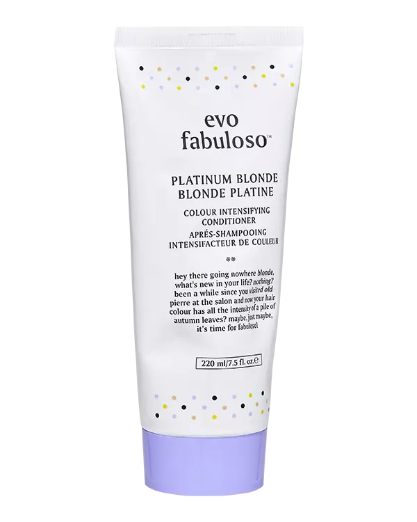 Evo fabuloso platinum blond conditioner om ongewenste koper- en geeltinten uit blond of grijs haar te verwijderen en tegelijkertijd de haarstructuur diepgaand te herstellen.