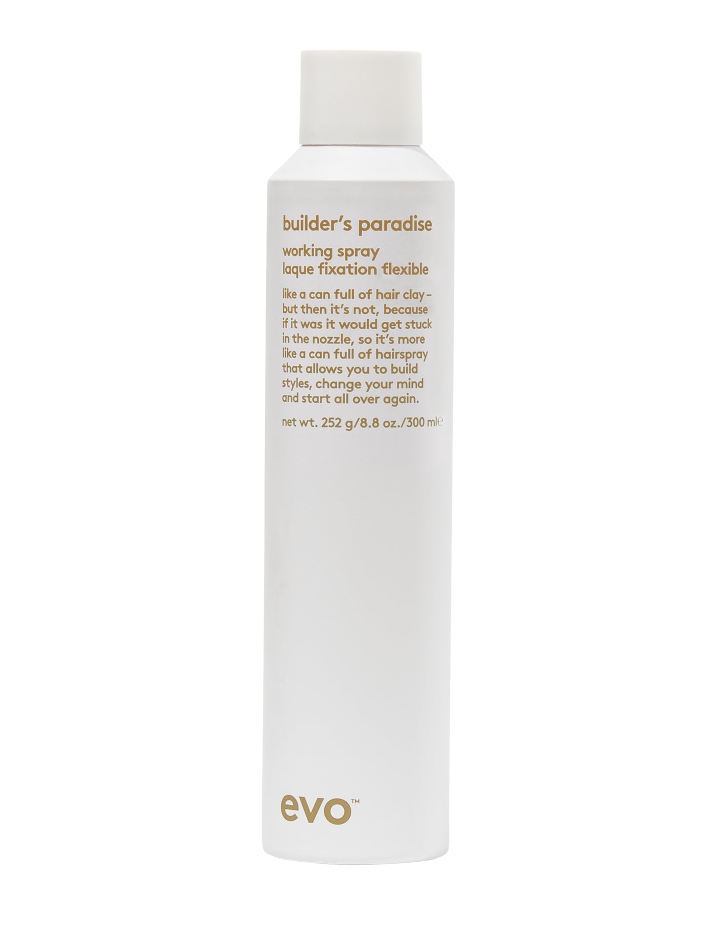 Evo Builder's paradise working spray is de perfecte keuze voor iedereen die op zoek is naar een spray die textuur en vormbehoud biedt, maar waarbij het haar wel zacht, natuurlijk en beweeglijk blijft aanvoelen.