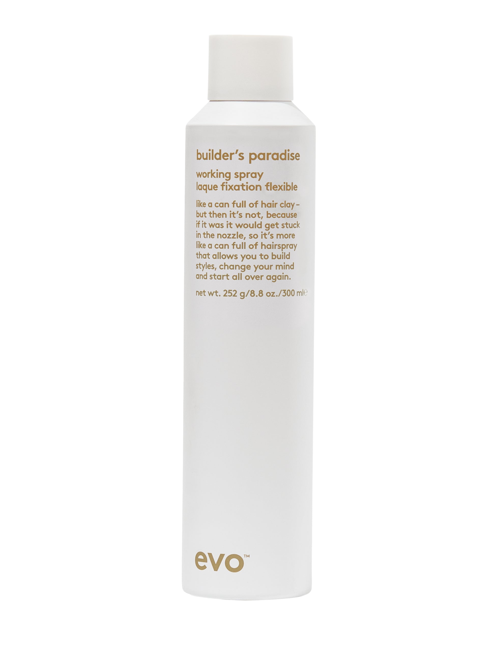 Evo Builder's paradise working spray is de perfecte keuze voor iedereen die op zoek is naar een spray die textuur en vormbehoud biedt, maar waarbij het haar wel zacht, natuurlijk en beweeglijk blijft aanvoelen.
