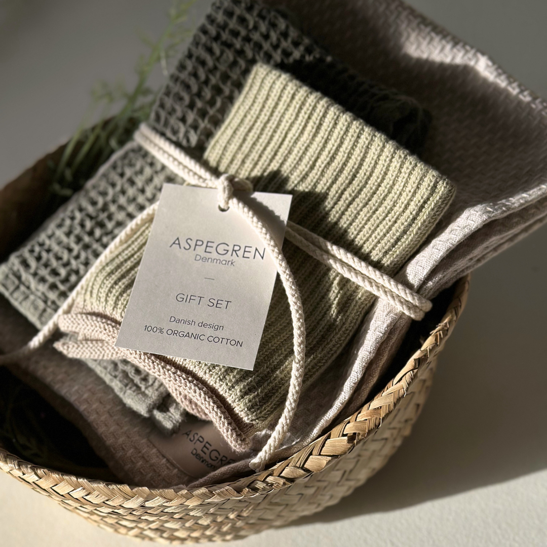 Detail van GOTS-gecertificeerd biologisch katoen groen cadeauset handdoeken