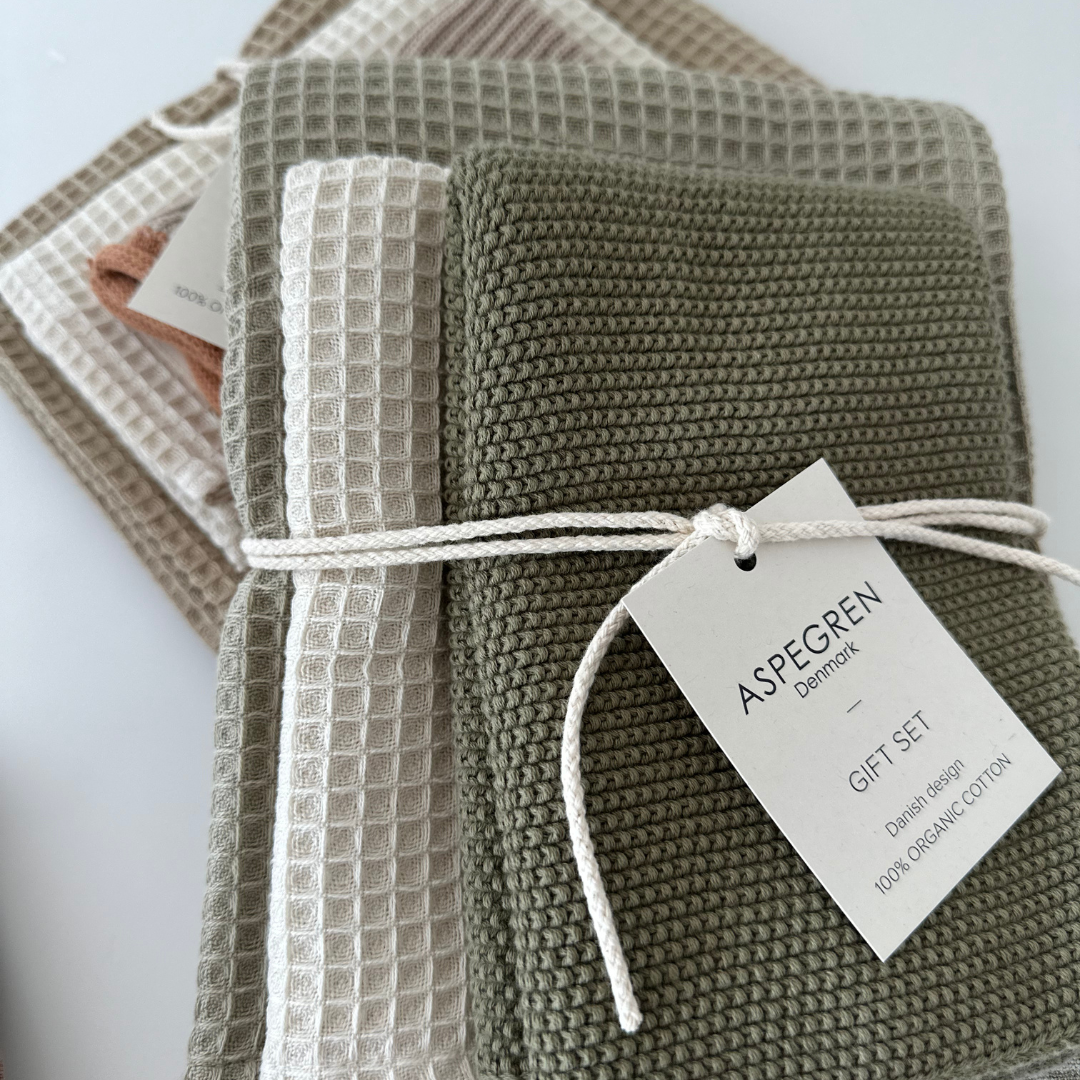 Aspegren Denmark keukenhanddoek cadeauset in groene tinten biologisch katoen