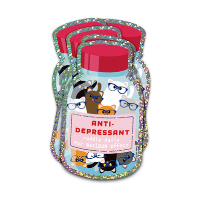Glitter sticker Anti-depressant cuddle daily for maximum effect van Studio Inktvis, een potje vol vrolijke katten met brillen