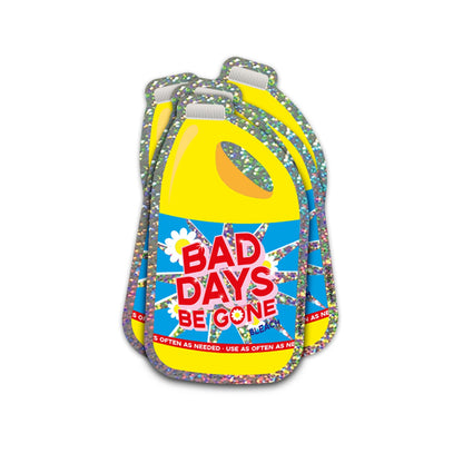 Glitter sticker Bad days be gone van Studio Inktvis, een gele bleekfles met bloemetjes