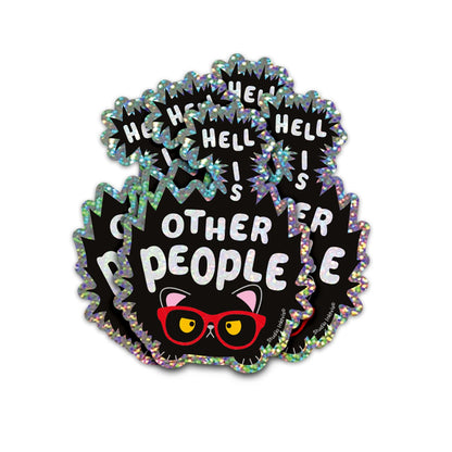 Glitter sticker Hell is other people van Studio Inktvis, een chagrijnige kat met een rode bril