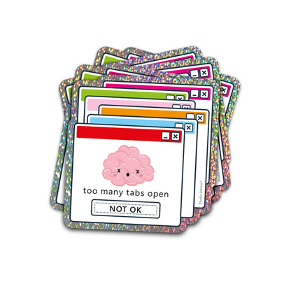 Glitter sticker Too many tabs open van Studio Inktvis, een computervenster met een overbelast roze brein