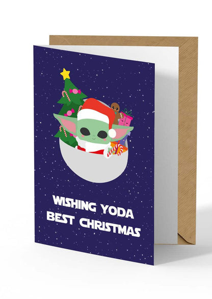 Kerstkaart Wishing Yoda best Christmas van Studio Inktvis met Baby Yoda op een donkerblauwe sterrenhemel