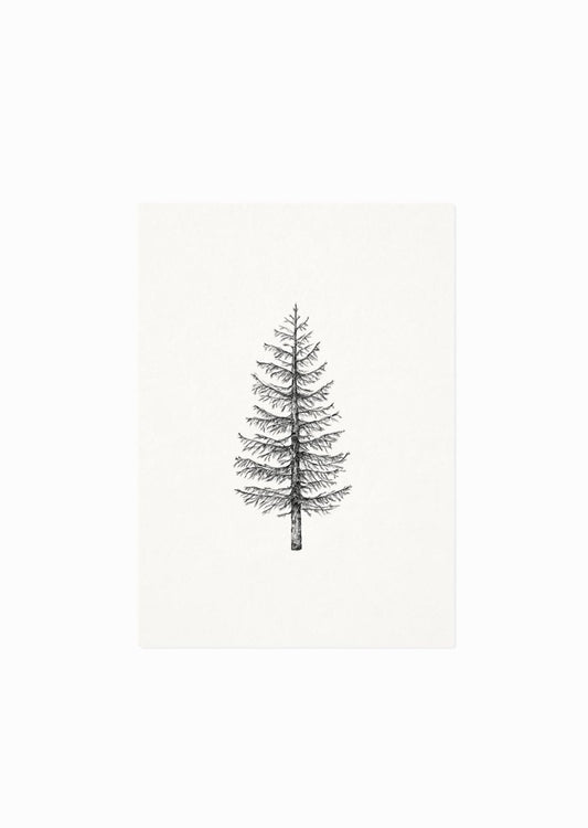 Officiële foto van de postkaart met een handgetekende dennenboom in zwart-wit van Inkylines