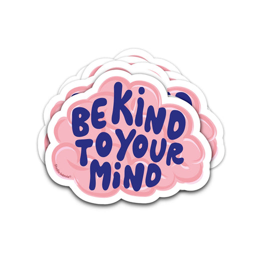Vaatwasbestendige sticker Be kind to your mind van Studio Inktvis, een roze brein met blauwe tekst